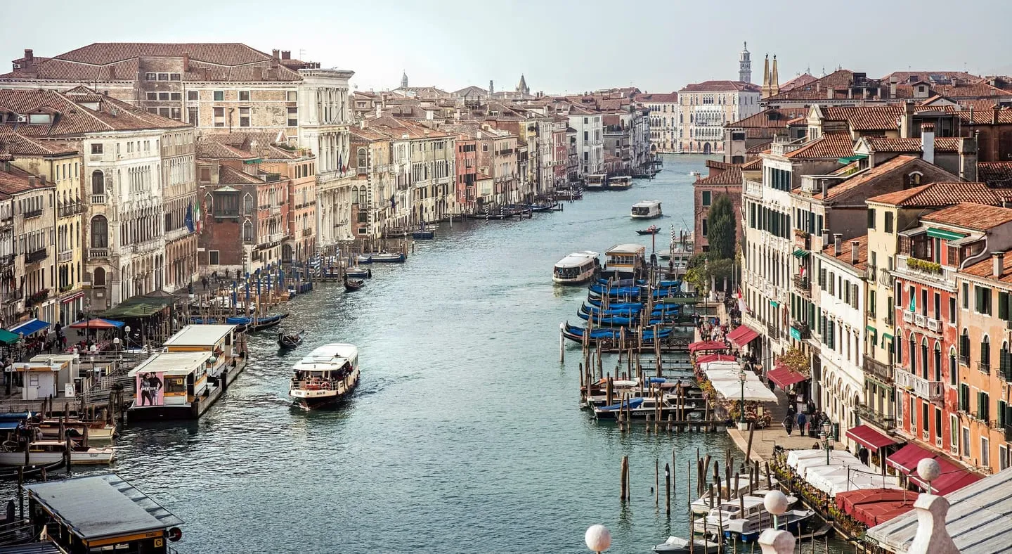 The Grand Canal seen from the Rialto Bridge, with vaporetto stops, boats and palazzi along both banks