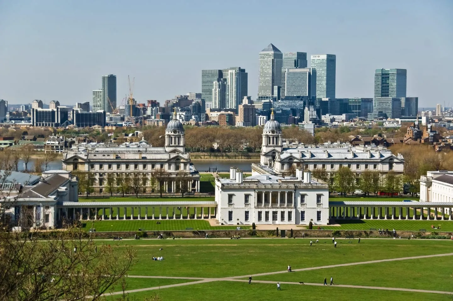 View from Greenwich Park over the Queen’s House and the Old Royal Naval College to the towers of Canary Wharf