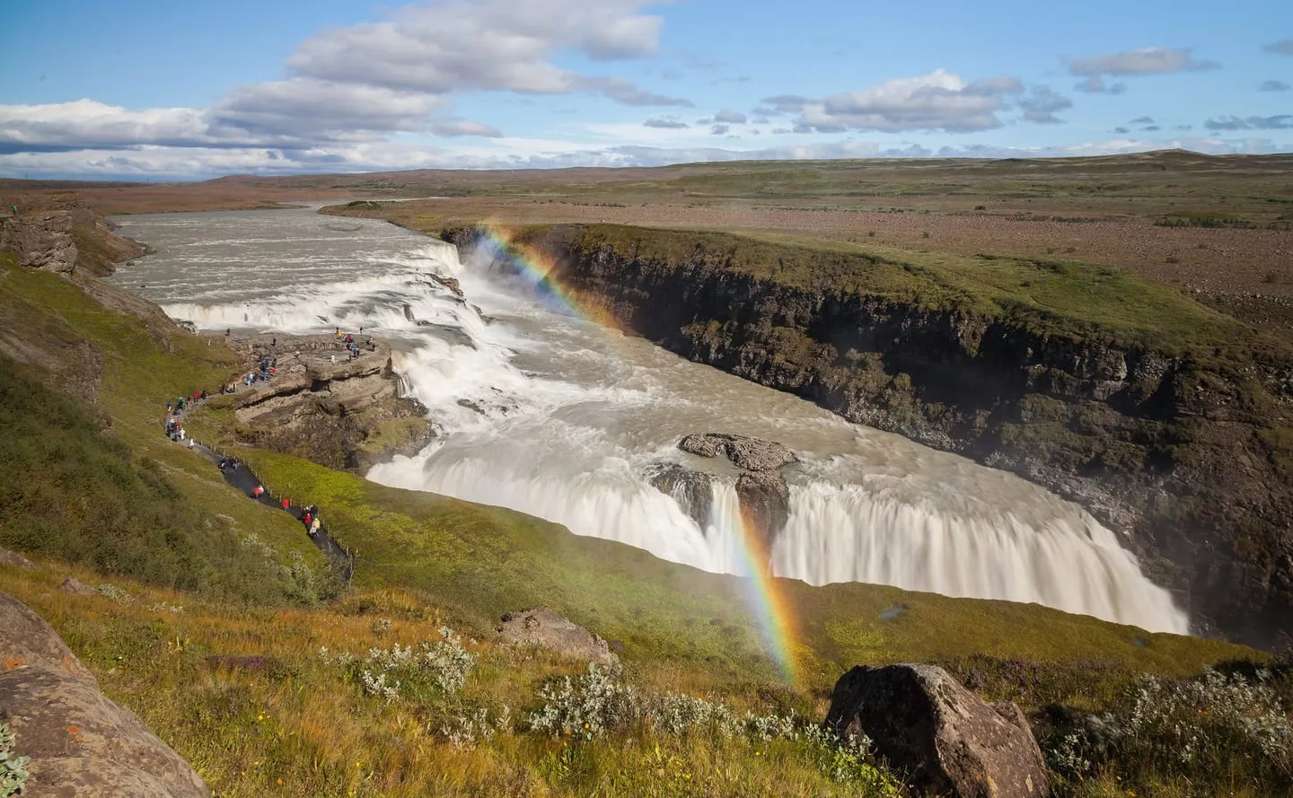 Gullfoss waterfall dropping in two tiers into a deep canyon, with a rainbow in the spray and green grass on the rim