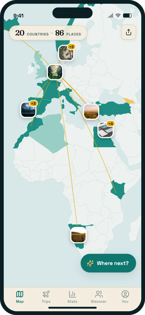 World map with visited countries in teal and photo pins