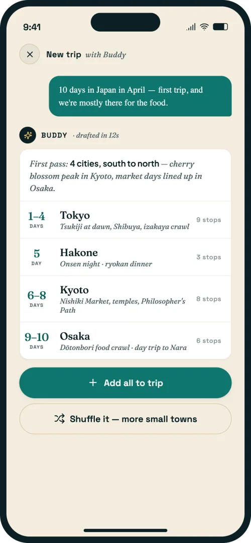 AI trip planner drafting a day-by-day Japan itinerary