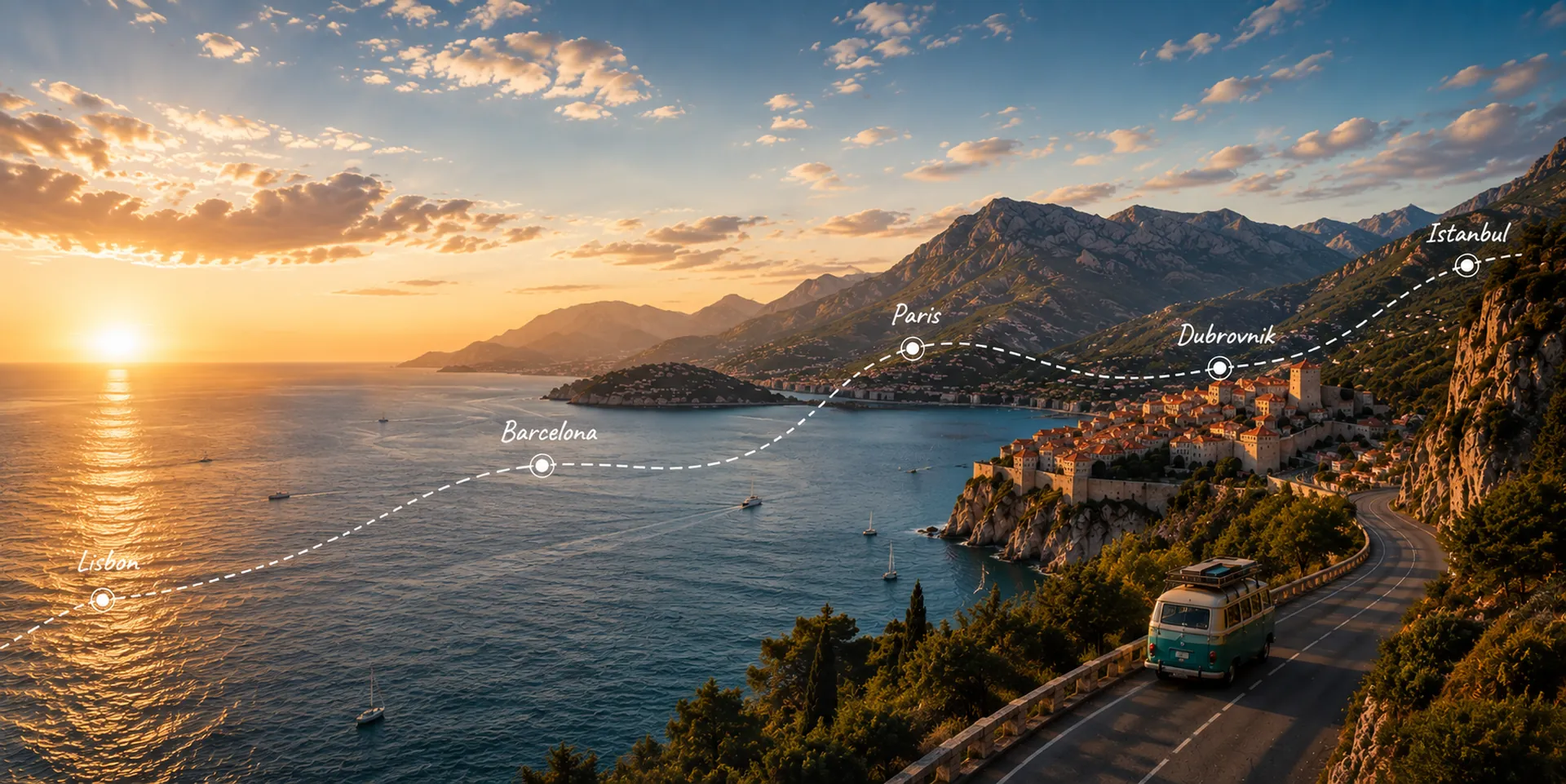 A camper van on a coastal road at sunset, with a dashed route linking Lisbon, Barcelona, Paris, Dubrovnik and Istanbul