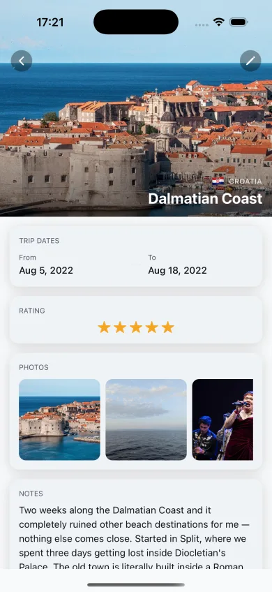 Trip detail with photos, rating and notes