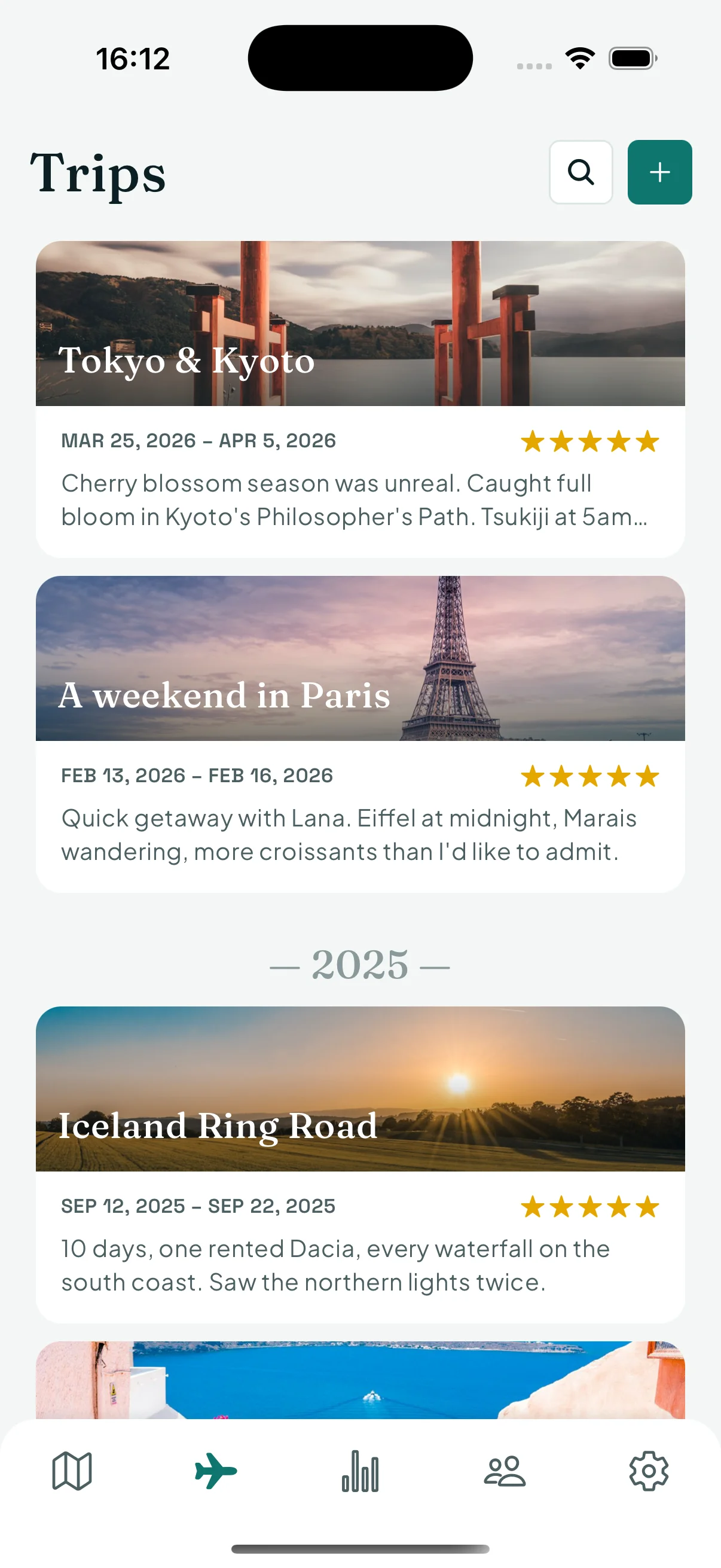 Trips list with country flags and dates